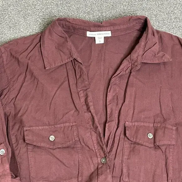 James Perse Shirt Womens 3 Burgundy Button Front Roll Tab Sleeve Cotton Slim Fit - Picture 4 of 10